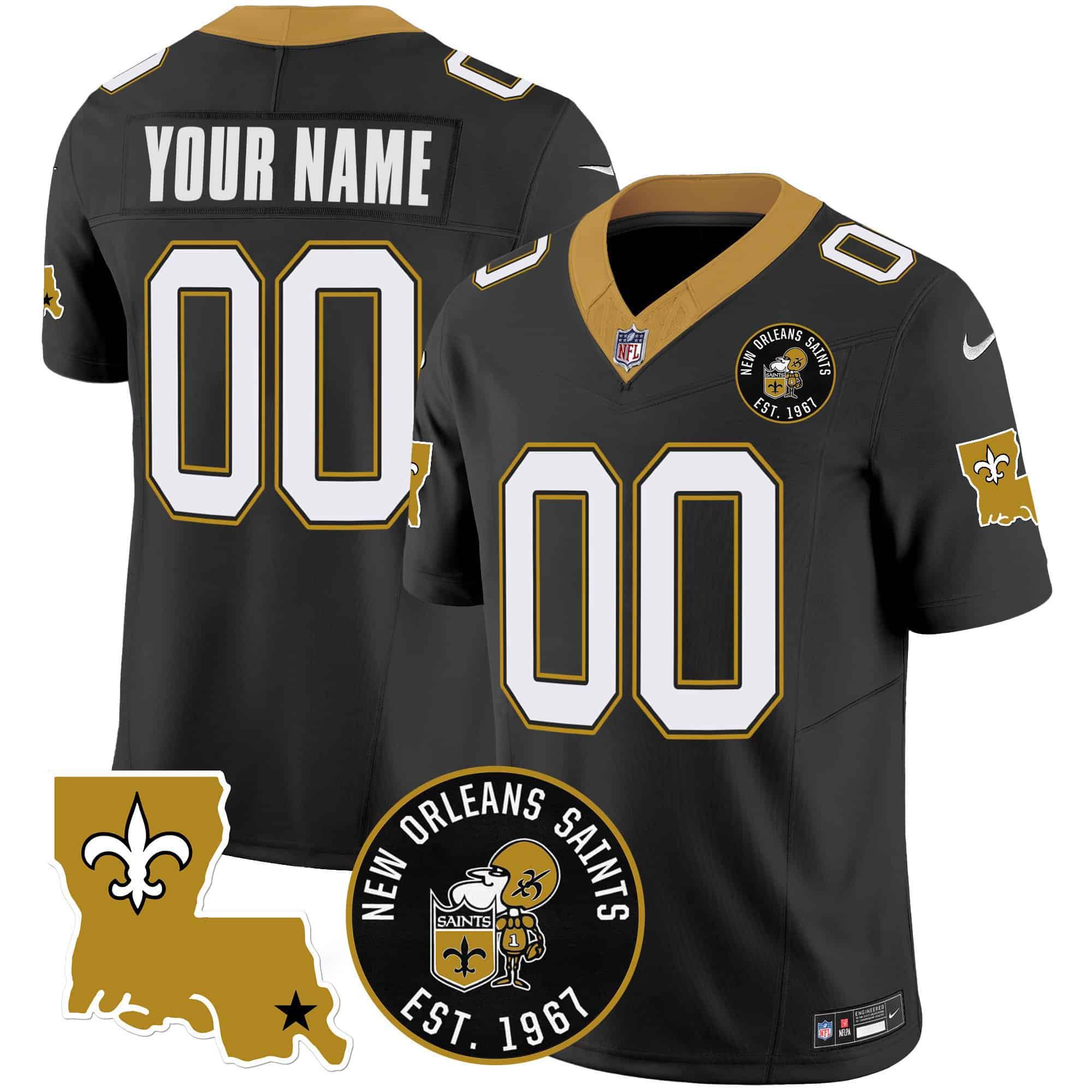 Men New Orleans Saints Black 2024 Nike 1967 Patch Vapor Custom NFL Jersey style 1